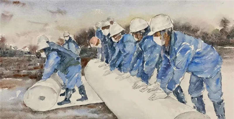 徐珩 《與時間賽跑--火神山醫院建設者》 水彩（四川省巴蜀畫派促進會供稿）