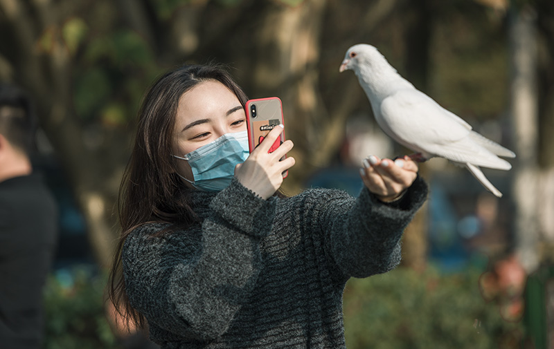 2020年2月24日，樂山市新廣場，美女與白鴿。（游昌學 攝）