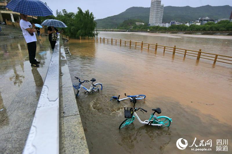 广元城区水上公园的自行车被水淹没现场 广元市委宣传部供图 