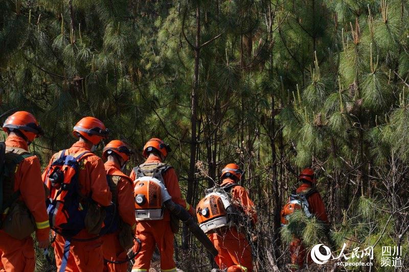 4月3日，涼山州森林消防支隊西昌大隊指戰員在林間防火巡護。周振生攝
