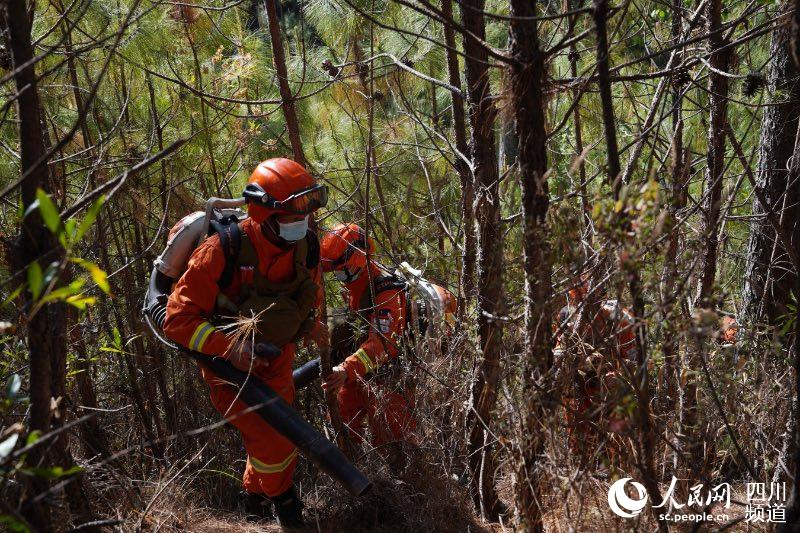 4月3日，涼山州森林消防支隊西昌大隊指戰員在林間巡護。周振生攝