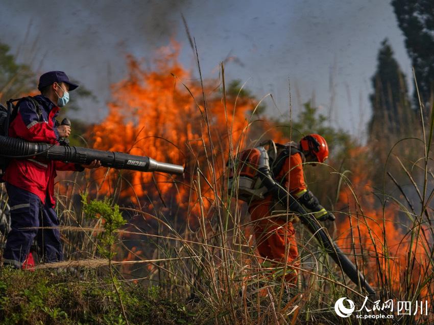 4月21日，成都市森林消防大隊一中隊消防員和趙家鎮應急隊員在金堂縣趙家鎮林區開展森林滅火演練。程雪力攝