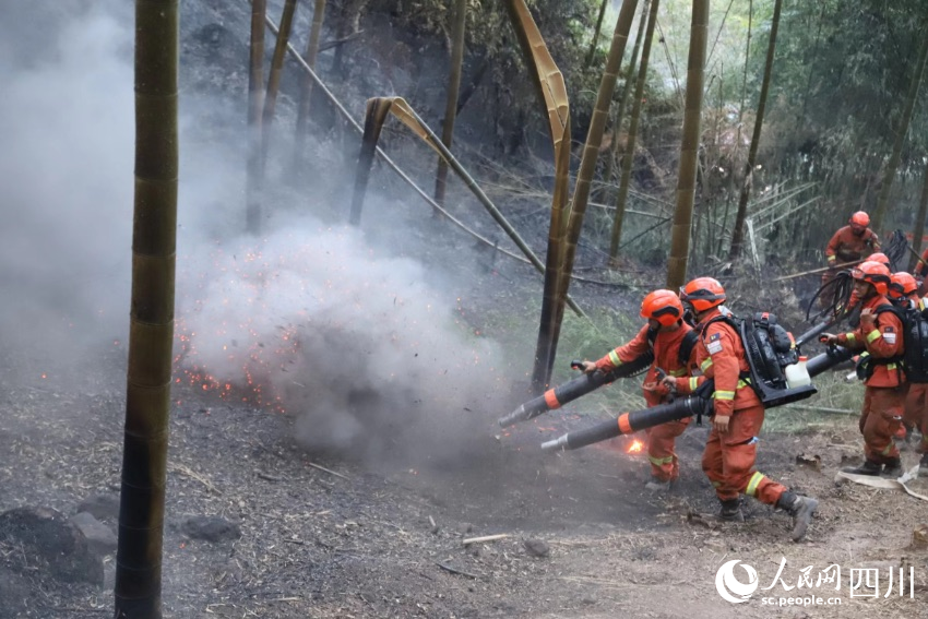 8月25日，四川泸州市合江县车辋镇与贵州赤水市天台镇交界处火灾现场，消防救援人员对火场进行反复清理。李从林摄