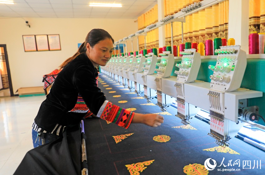 雷波縣馬處哈三峽新村，刺繡能手惹吉蘇呷學會了電腦編程繡花，正在使用電腦制版機。楊琳攝