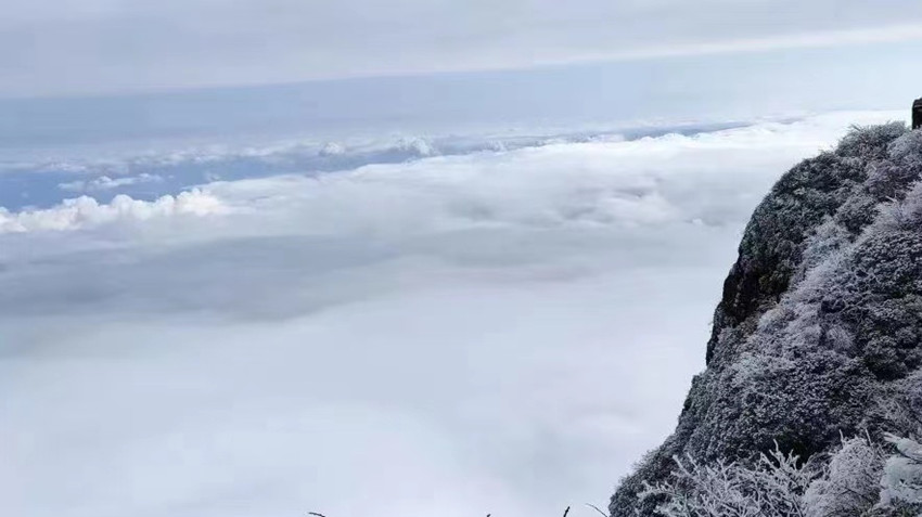 10月9日凌晨，峨眉山景區高山區紛紛揚揚飄起雪花。峨眉山景區公安供圖