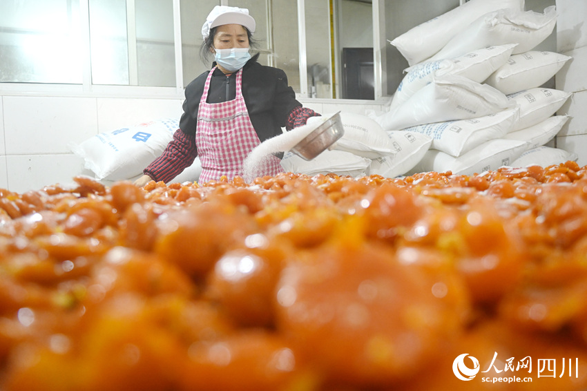 當地村民正在進行橘餅蜜餞制作的重要步驟“喂糖”。黃正華攝