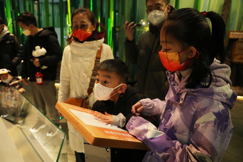 孩子们对游客与仿生大熊猫机器人“小川”很感兴趣。成都大熊猫繁育研究基地供图