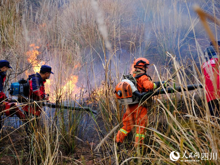森林消防队伍和当地应急救援队伍在成都市金堂县赵家镇金山村林区进行森林灭火实战演练。程雪力摄