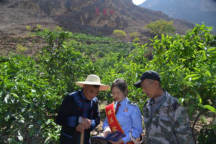 税务干部在悬崖村脚下向农户讲解税法知识。凉山州税务局供图