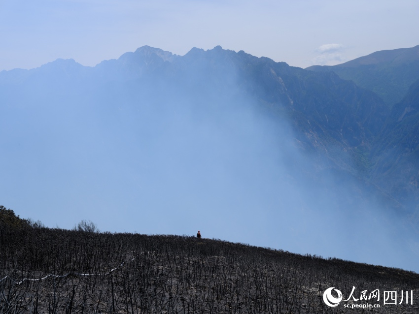 5月31日，四川涼山，一名消防員正在觀察火場態勢，他是火場上的“安全官”。程雪力攝