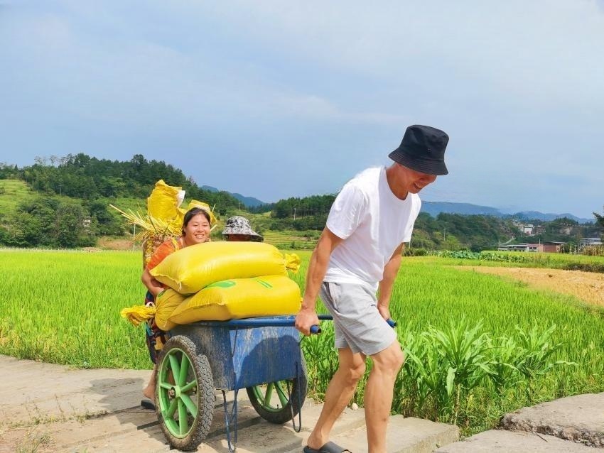 塔坝村村民在转运收割的稻谷。宣汉县委宣传部供图