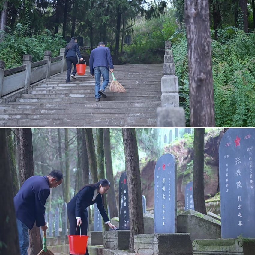 馮煉和父親為紅軍烈士掃墓。四川省軍區供圖