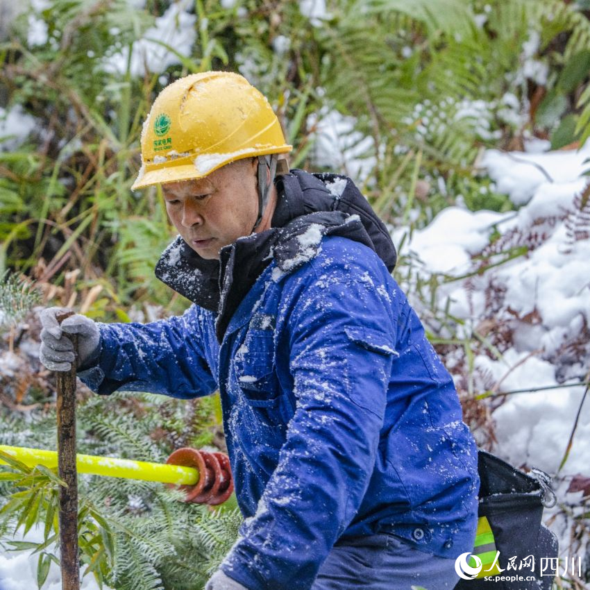 国网眉山供电公司工作人员对10千伏柳晏线玉屏山支线开展雪后特巡。王鸿飞摄