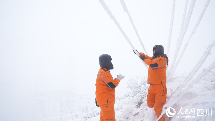 使用游標卡尺開展線路覆冰觀測，並記錄數據。潘柱東攝