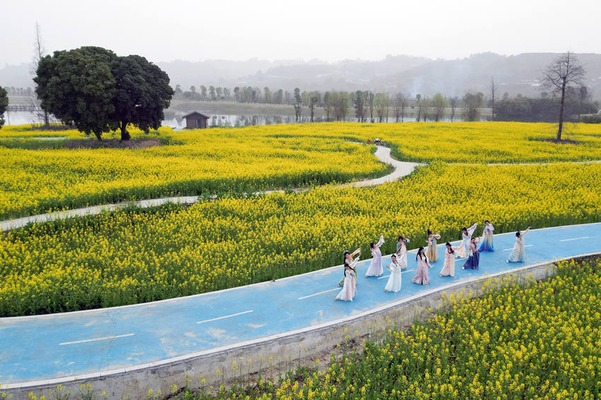 汉服爱好者在四川省眉山市彭山区“五湖四海”湿地公园绿道打卡游玩。翁光建摄
