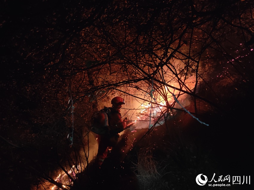 四川省森林消防总队凉山州支队森林消防员正在全力扑救山火。樊文渊摄