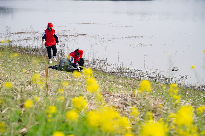 3月20日，四川省眉山市彭山区第三中学师生志愿者在五湖四海湿地公园湖边捡拾垃圾。翁光建摄