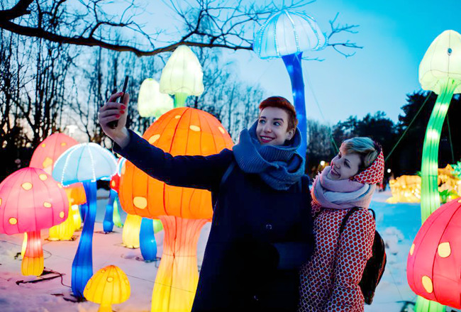外国游客在中国彩灯前留影。灯彩集团供图