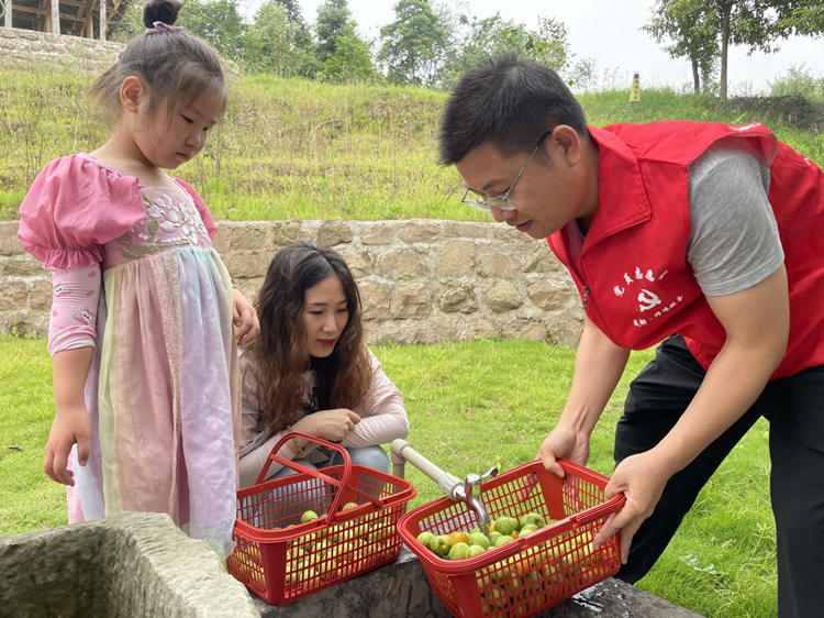 “税务爸妈”与孩子们一起洗青梅。邛崃市税务局供图