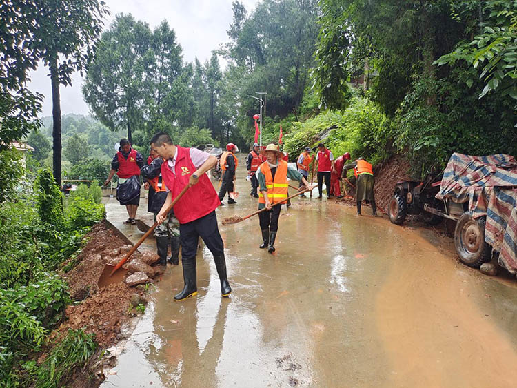 志愿者与村干部清理村道路。阳林玥供图