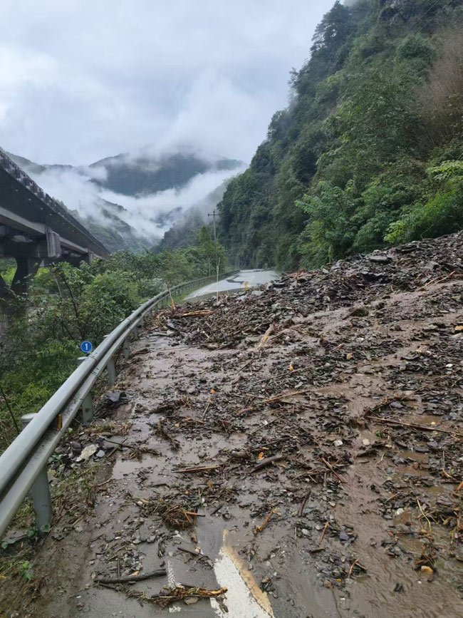 泥石流破坏的路面。卧龙特区供图