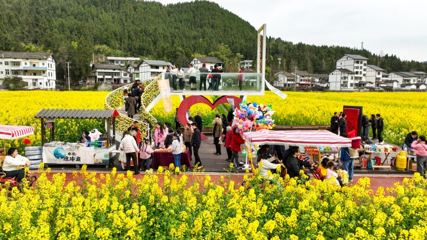 3月16日，巴中市平昌县白衣镇优质粮油种植示范基地的千亩油菜花田里，成群结队的游客畅游花海、沐浴阳光、踏青赏花，尽享春日美好时光。平昌县委宣传部供图