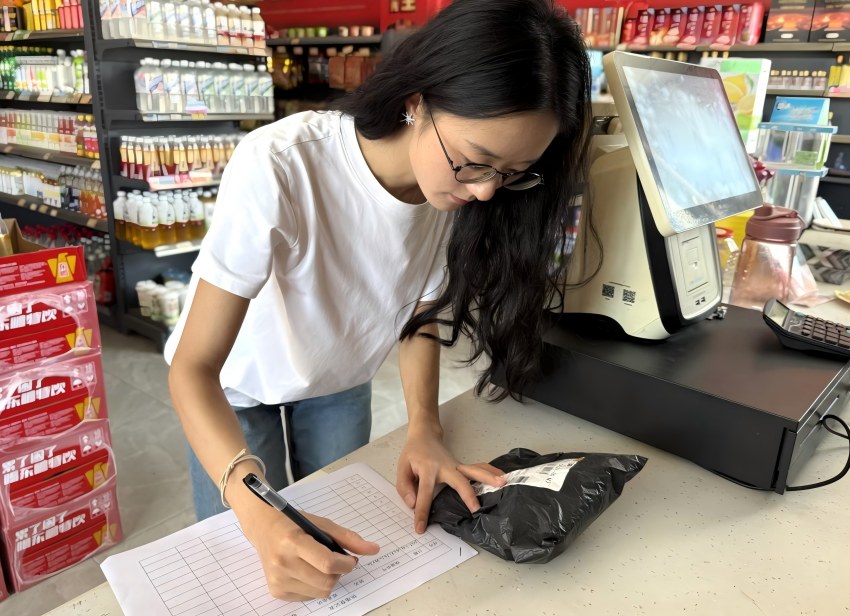 袁经理运用自己设计的快递登记表展示便捷记存法。岳池县烟草专卖局（分公司）供图