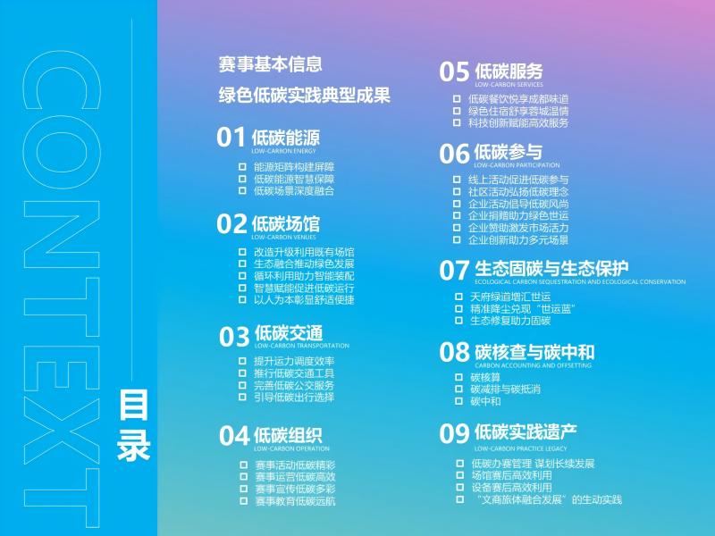 成都世运会绿色低碳办赛报告目录页。成都市生态环境局供图