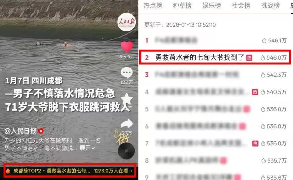 成都71岁大爷跳河救人的事迹火了。网页截图