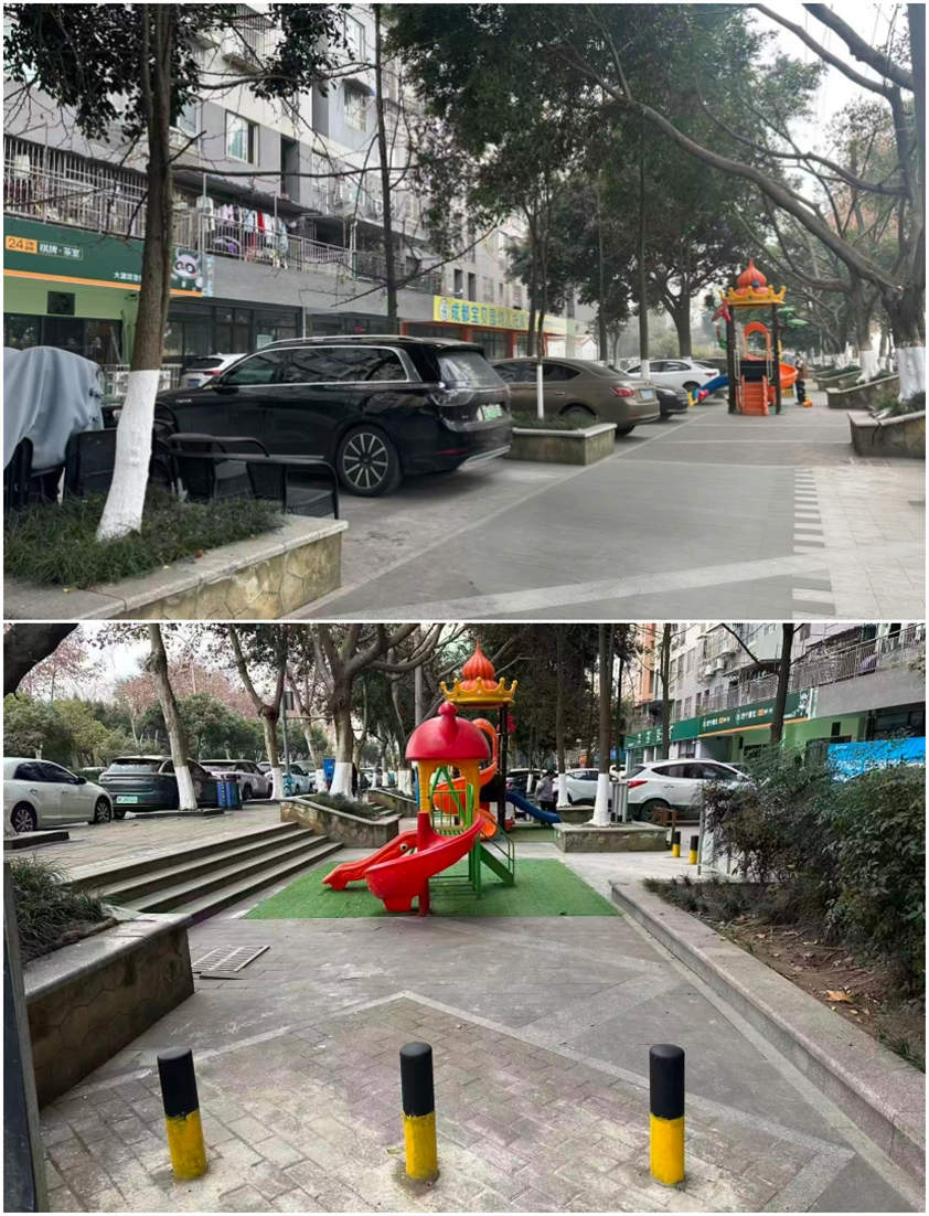 整改前（上圖）后（下圖）的幼兒游玩點位，加裝了隔離樁。社區供圖