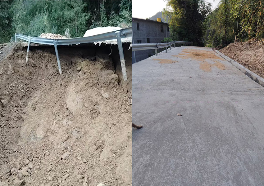 左：因大雨垮塌的道路，右：排危整治后的道路。留言网友供图