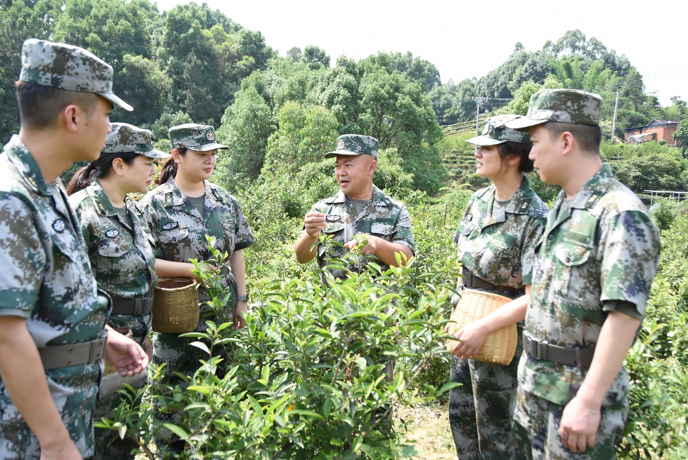 張軍為大家講解採茶要領。榮縣退役軍人事務局供圖