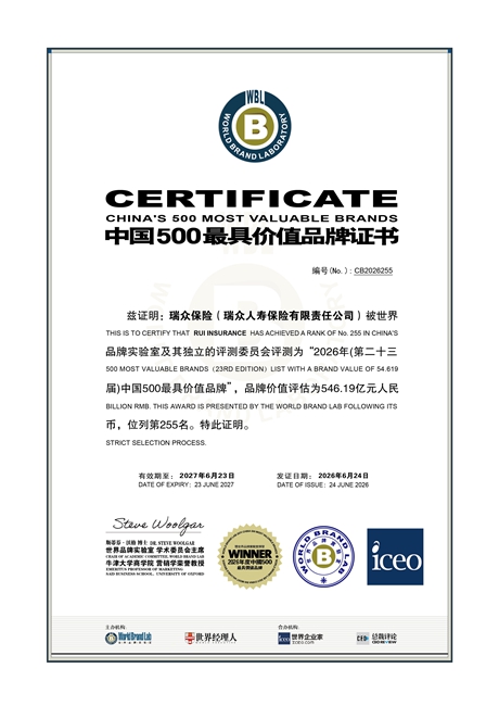 瑞众人寿再次登榜，位列第255名。瑞众保险供图