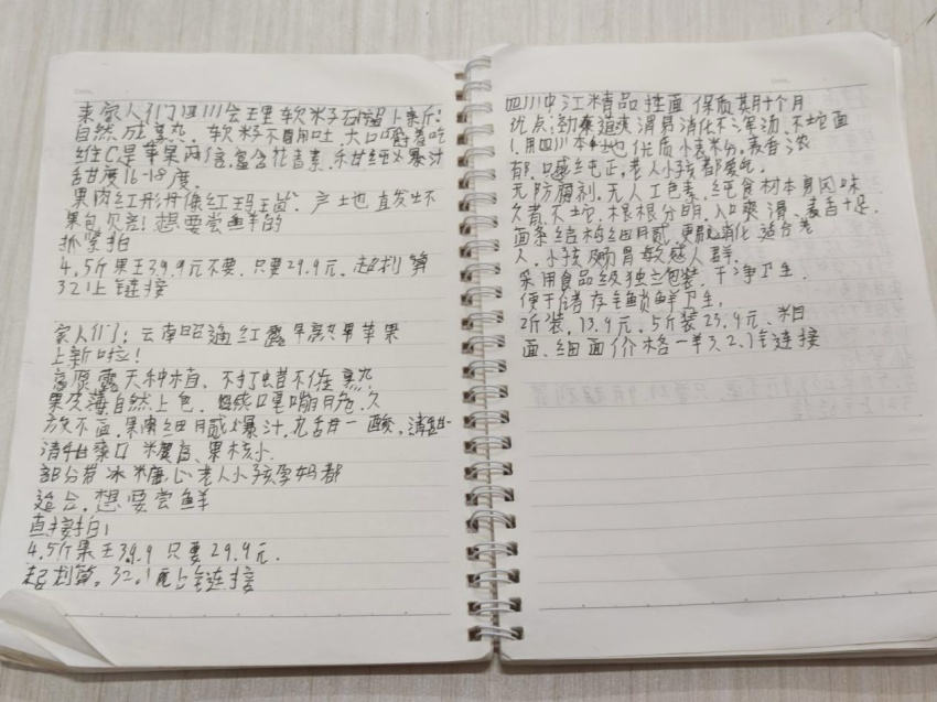 “心青年”在筆記本上抄寫產品介紹。受訪者供圖