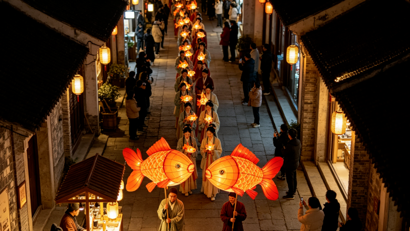 邛崍文脈坊魚燈巡游再現“一夜魚龍舞”的古風盛景。活動方供圖