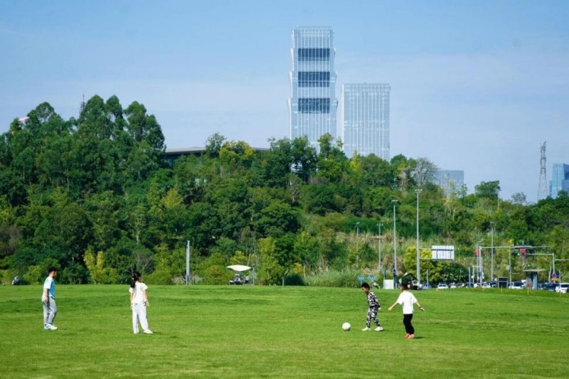 孩子們在興隆湖畔踢球。四川天府新區融媒體中心供圖